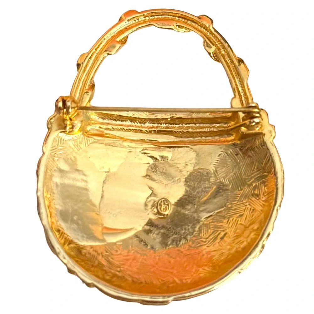 Vintage Basket Purse Brooch‎ Unknown Signed Costume Jewelry